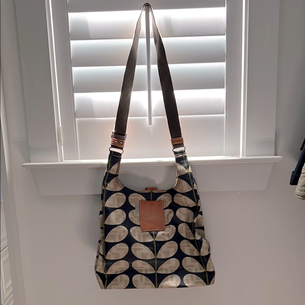 Orla Kiely Blue and Cream Cross Body Bag with Geometric Pattern